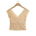 V-Neck Lace Top with Built-In Bra — No Bra Needed | Short Sleeve | White, Black & Apricot - BsBuy