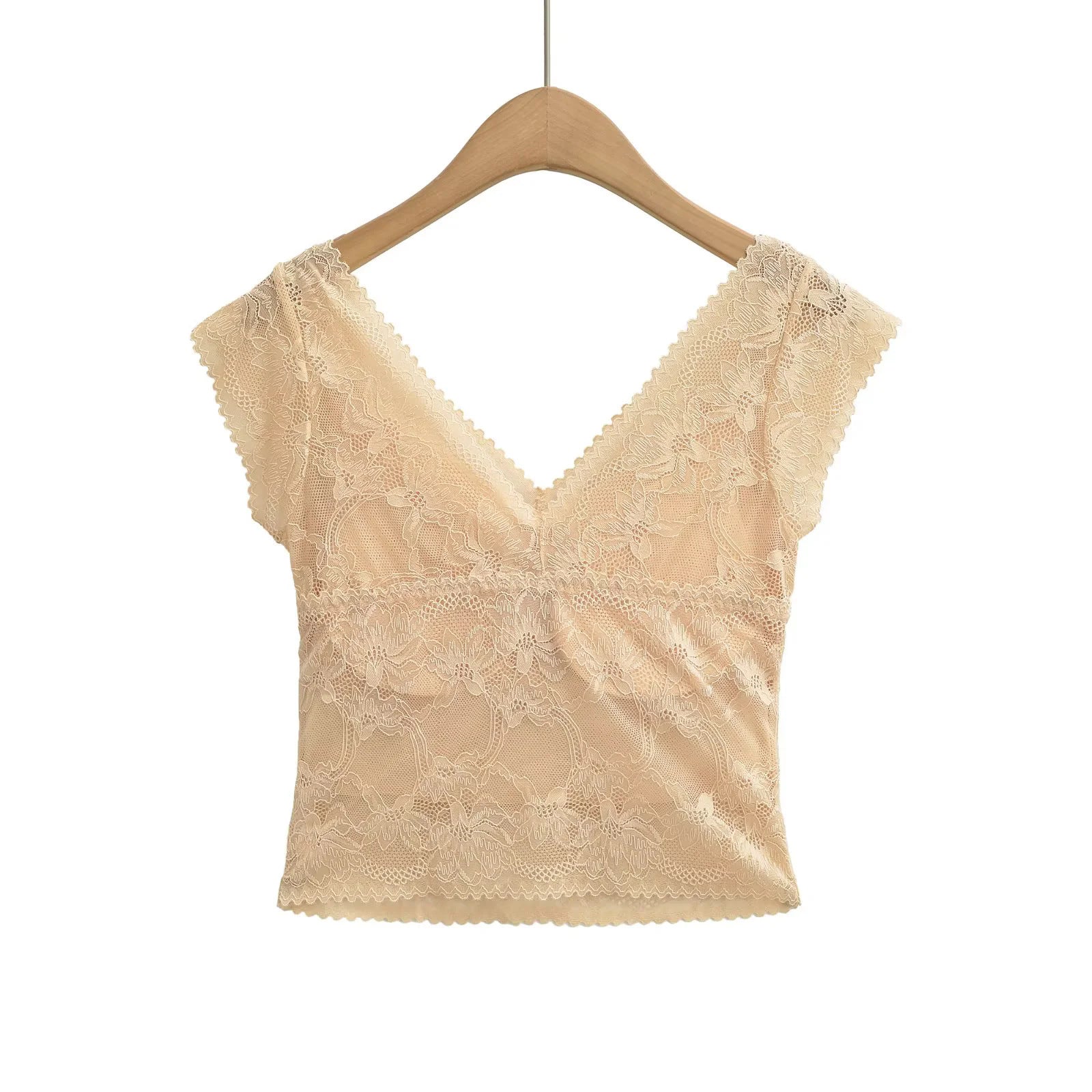 V-Neck Lace Top with Built-In Bra — No Bra Needed | Short Sleeve | White, Black & Apricot - BsBuy