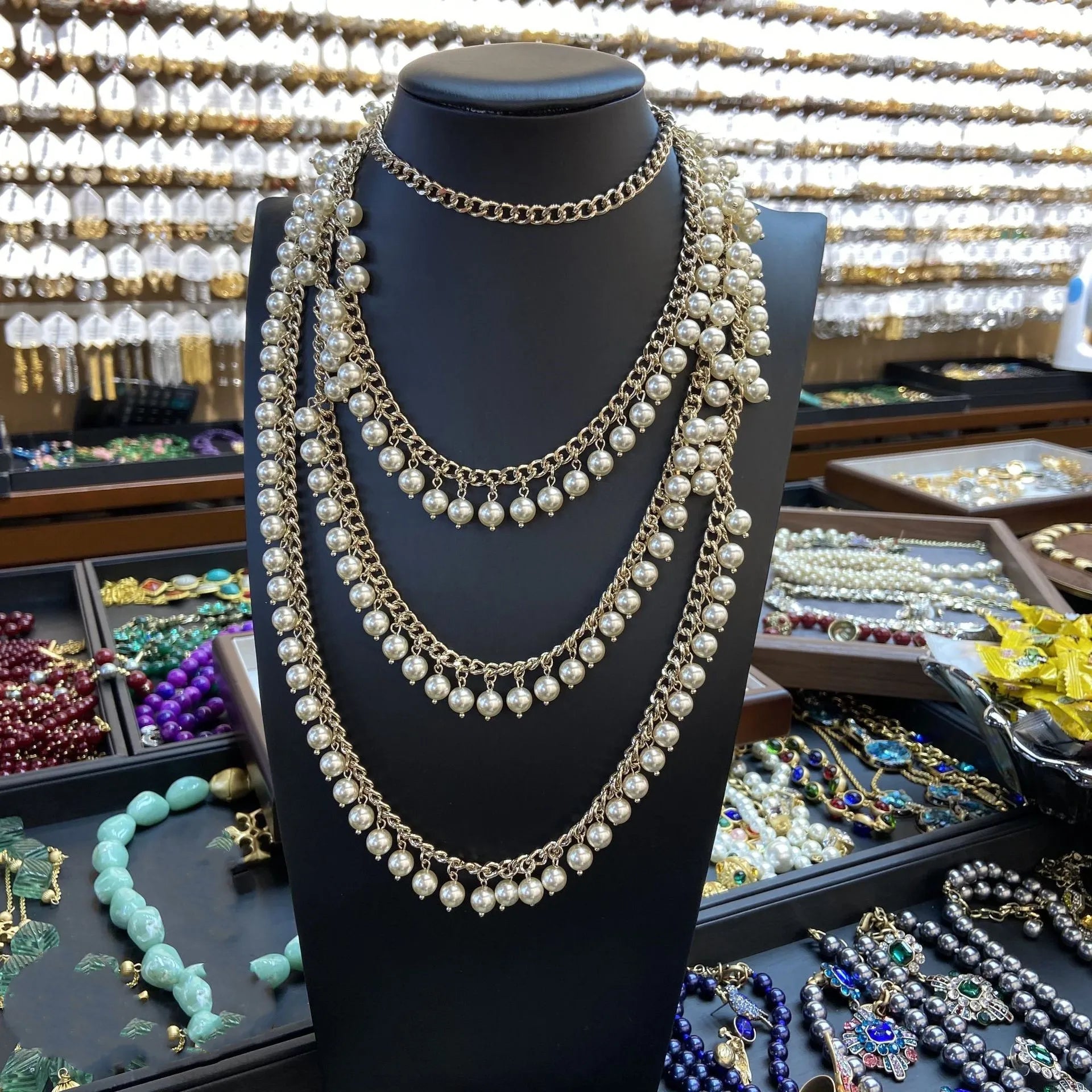Lucky Number 5 Triple-Layer Pearl & Diamond Necklace — Copper O-Chain Geometric Pendant | Light Luxury