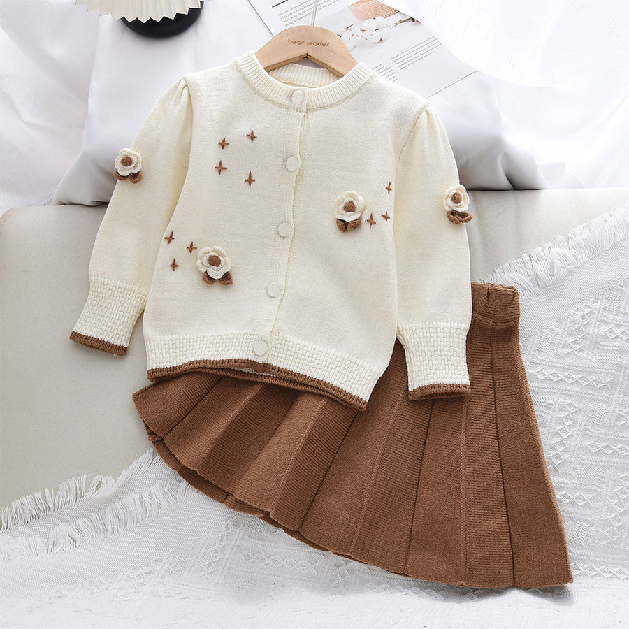 Cute Girl Knit Sweater Set with 3D Flower Round Neck Cardigan and Short Skirt, Two-Piece Outfit for Autumn and Winter - BsBuy