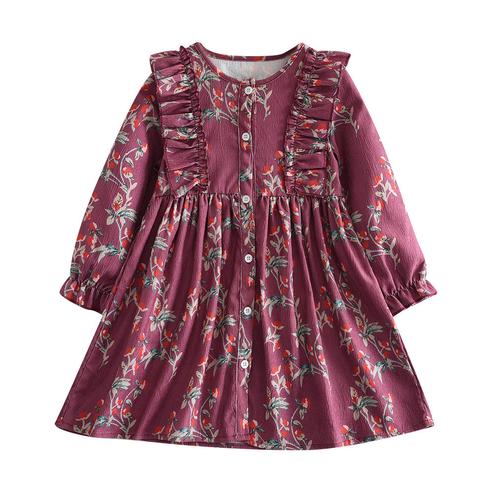Ruffle Floral Long Sleeve Pullover Dress for Girls Casual Chic Children's Dress - BsBuy