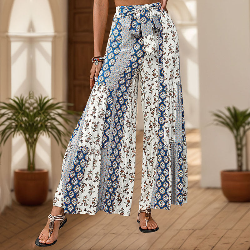 Womens Retro Floral Print Wide Leg Pants with Tie Waist