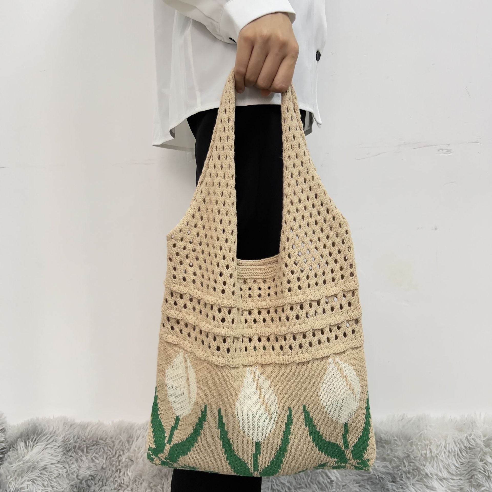New Flower Bag Tulip Bag Retro Knitted Bag Handbag Shoulder Bag Woolen Bag for Women - BsBuy