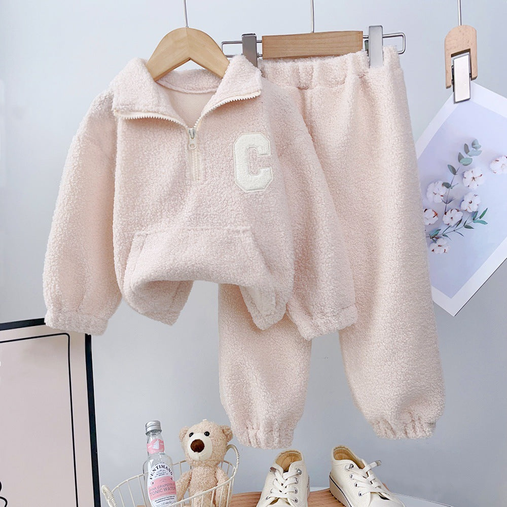 Fall Winter  Girls' Simple Letter Fleece High Neck Coat and Long Pants Two-Piece Set - BsBuy