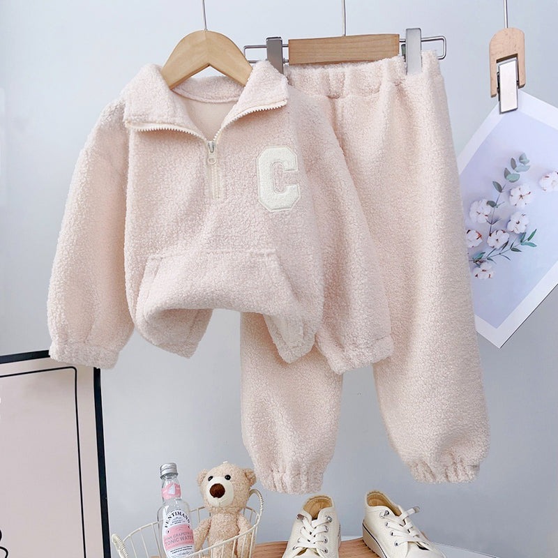 Fall Winter  Girls' Simple Letter Fleece High Neck Coat and Long Pants Two-Piece Set - BsBuy