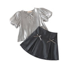 Girls' French Elegant Summer Outfit Set, Bubble Sleeve Top with Bowknot A-Line Skirt Two-Piece Set - BsBuy