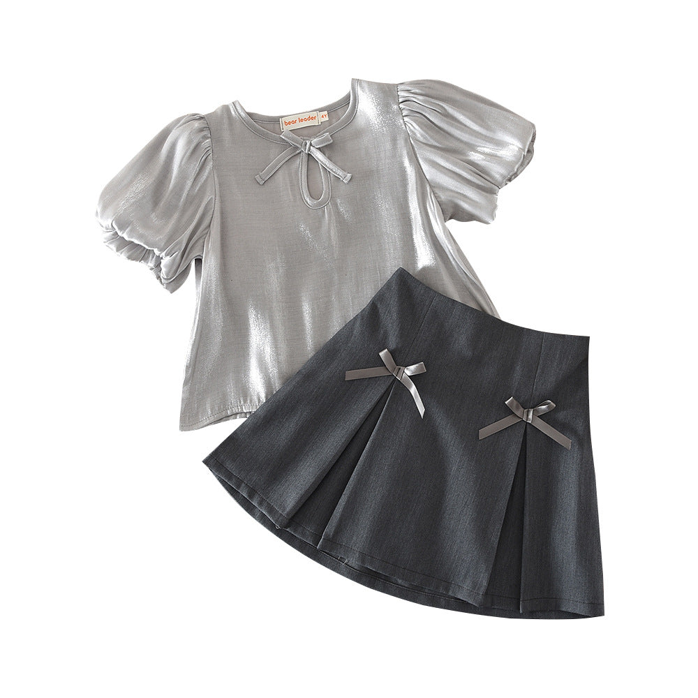 Girls' French Elegant Summer Outfit Set, Bubble Sleeve Top with Bowknot A-Line Skirt Two-Piece Set - BsBuy