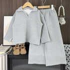 Loose Simple Solid Color Casual Women's Children's Autumn Winter New V-Neck Turn-Down Collar Long Sleeve Long Pants Two-Piece Set - BsBuy