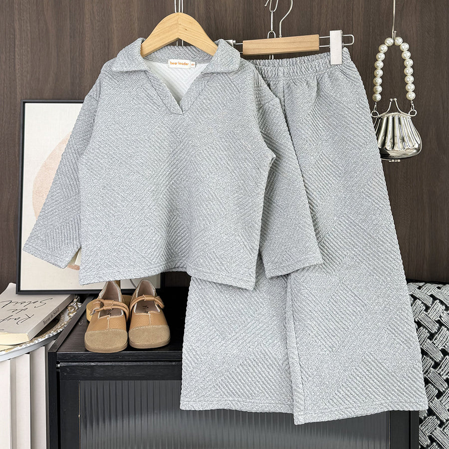 Loose Simple Solid Color Casual Women's Children's Autumn Winter New V-Neck Turn-Down Collar Long Sleeve Long Pants Two-Piece Set - BsBuy