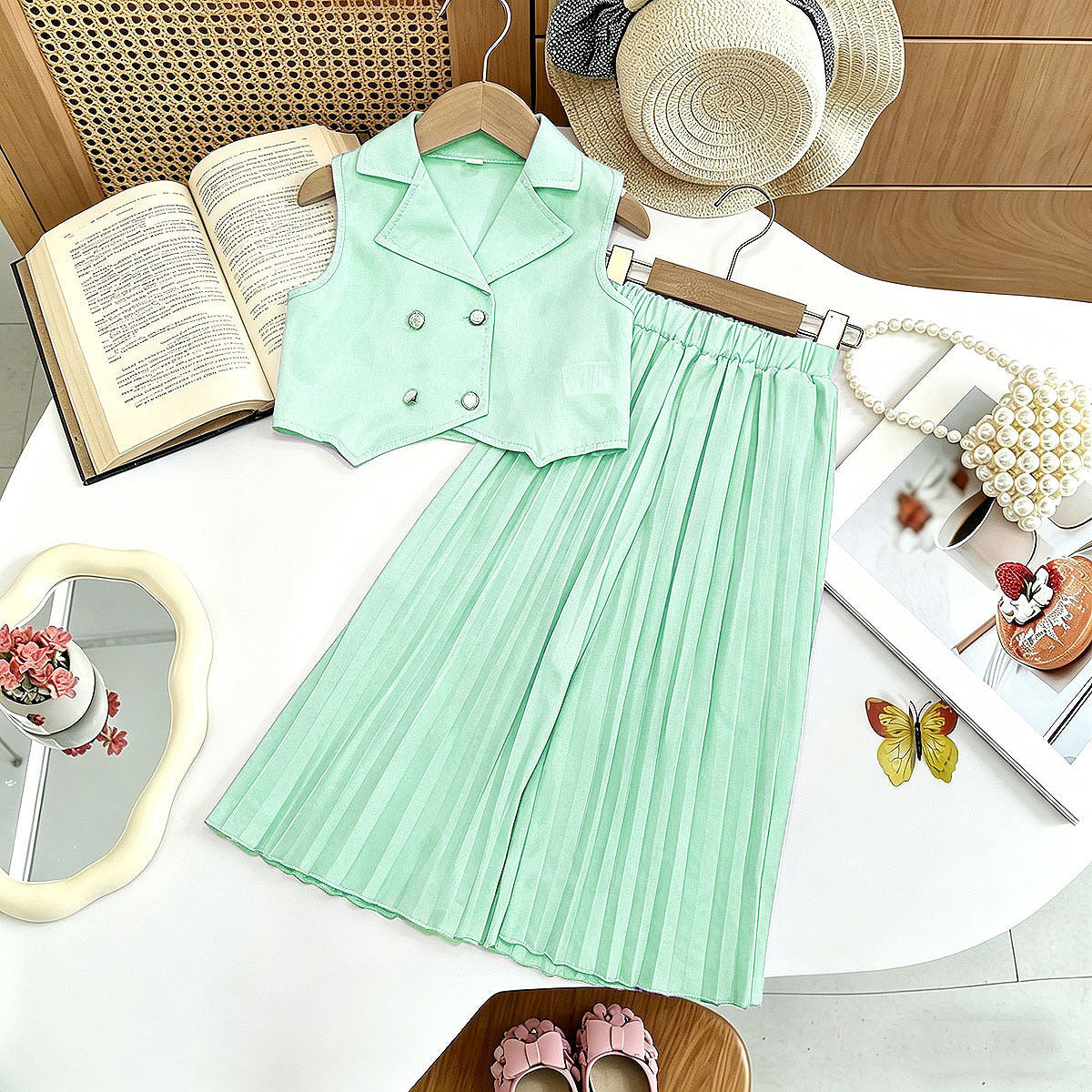 New Arrival Girls' Suit Set - Sleeveless Blouse + Wide Leg Pleated Pants Children's Outfit - BsBuy