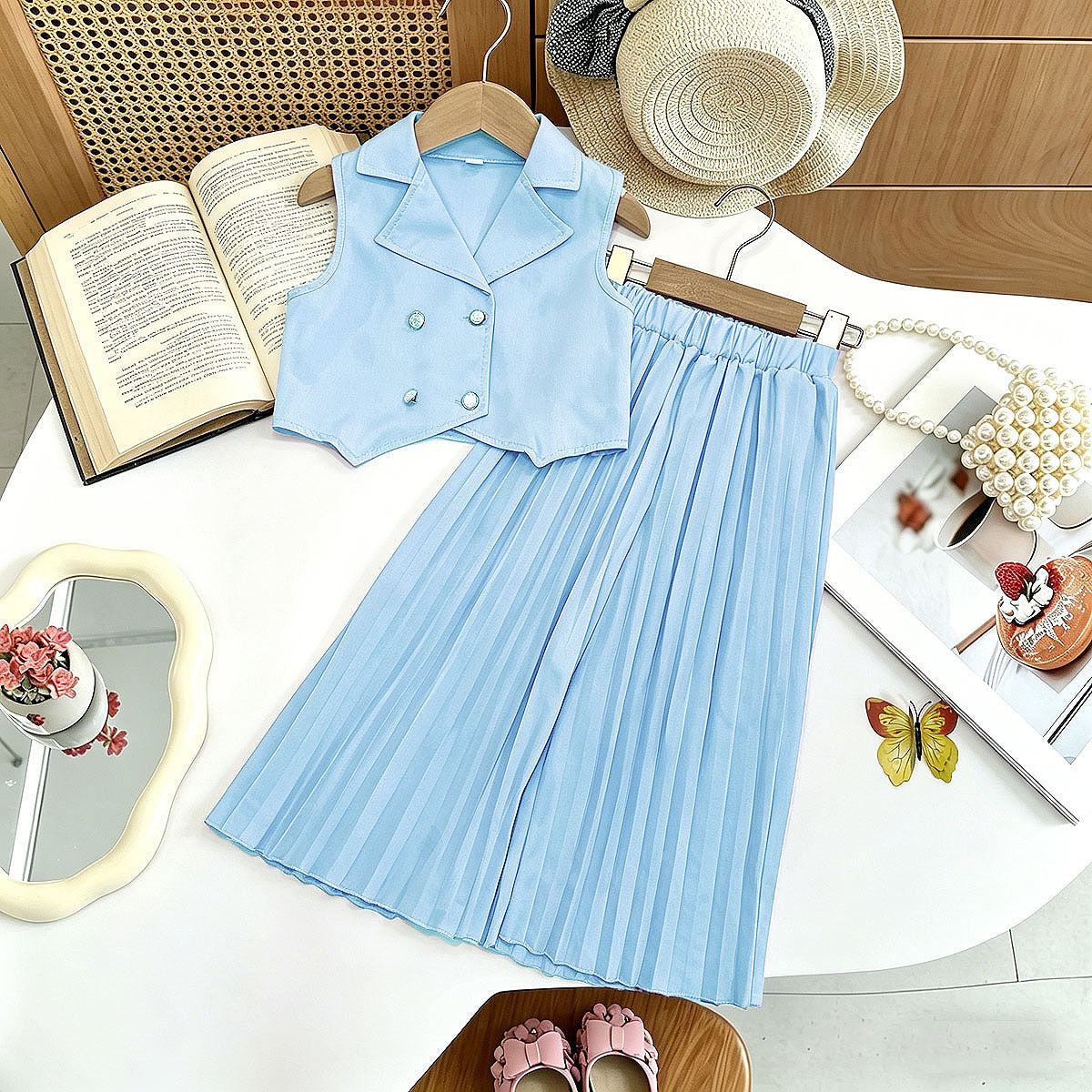New Arrival Girls' Suit Set - Sleeveless Blouse + Wide Leg Pleated Pants Children's Outfit - BsBuy
