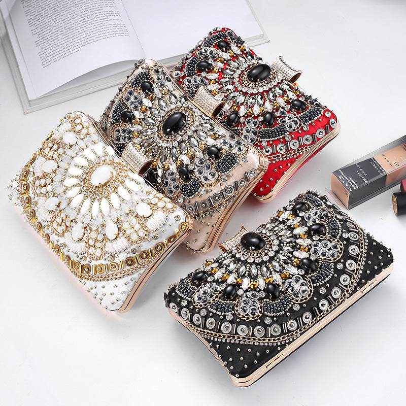 Cross-Mirror New Bead Embroidered Evening Bag, Hand-Beaded Women's Hand-Held Wedding Bag, Diamond-Encrusted Banquet Rhinestone Evening Bag - BsBuy