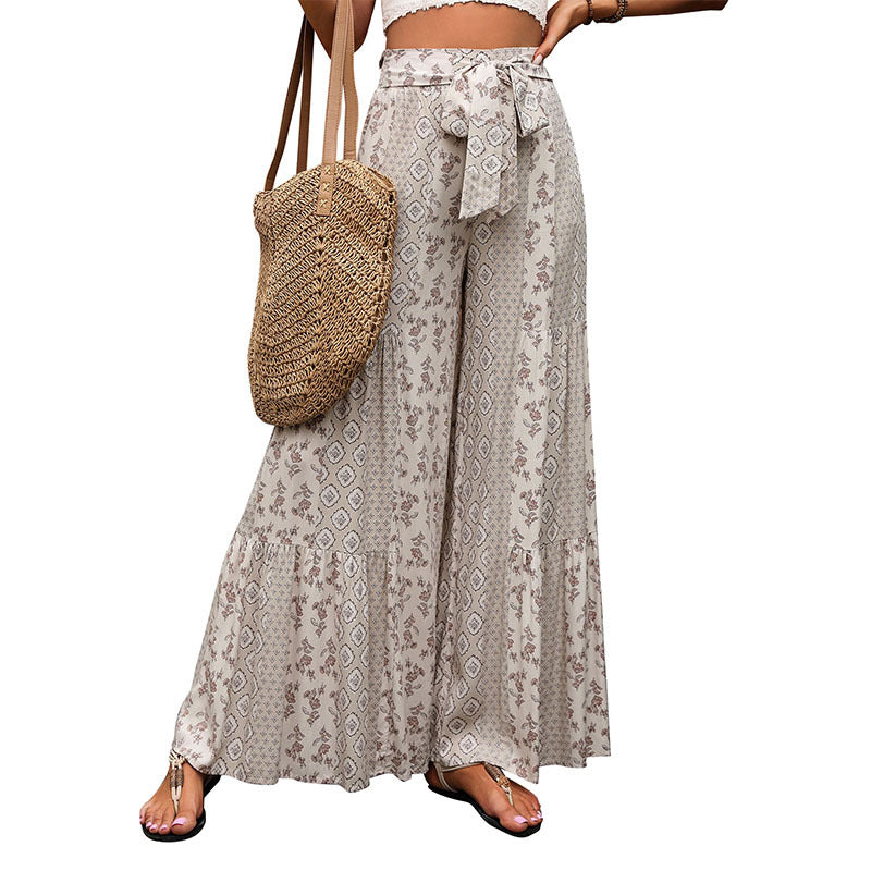 Womens Retro Floral Print Wide Leg Pants with Tie Waist
