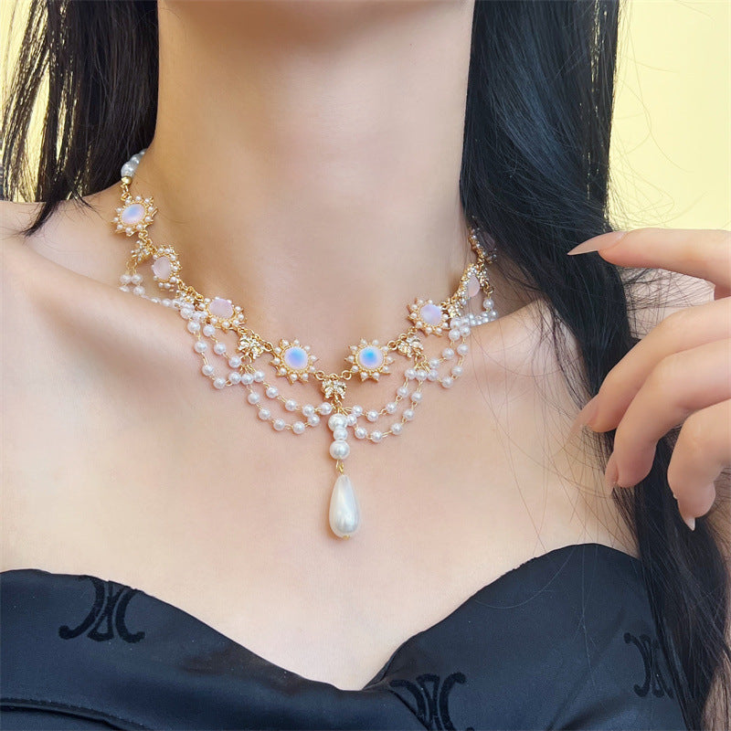 Palace Style Pearl Tassel Necklace Cat Eye Pearl Diamond Clavicle Chain Lolita Jewelry