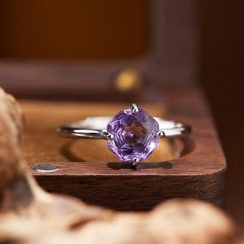 S925 Sterling Silver Octagonal Rose-Cut Gemstone Ring – Amethyst, Topaz & White Crystal | Adjustable Fit