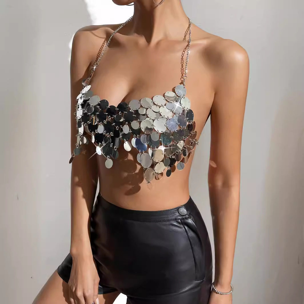 Sequin Backless Chain Strap Tank Top - BsBuy