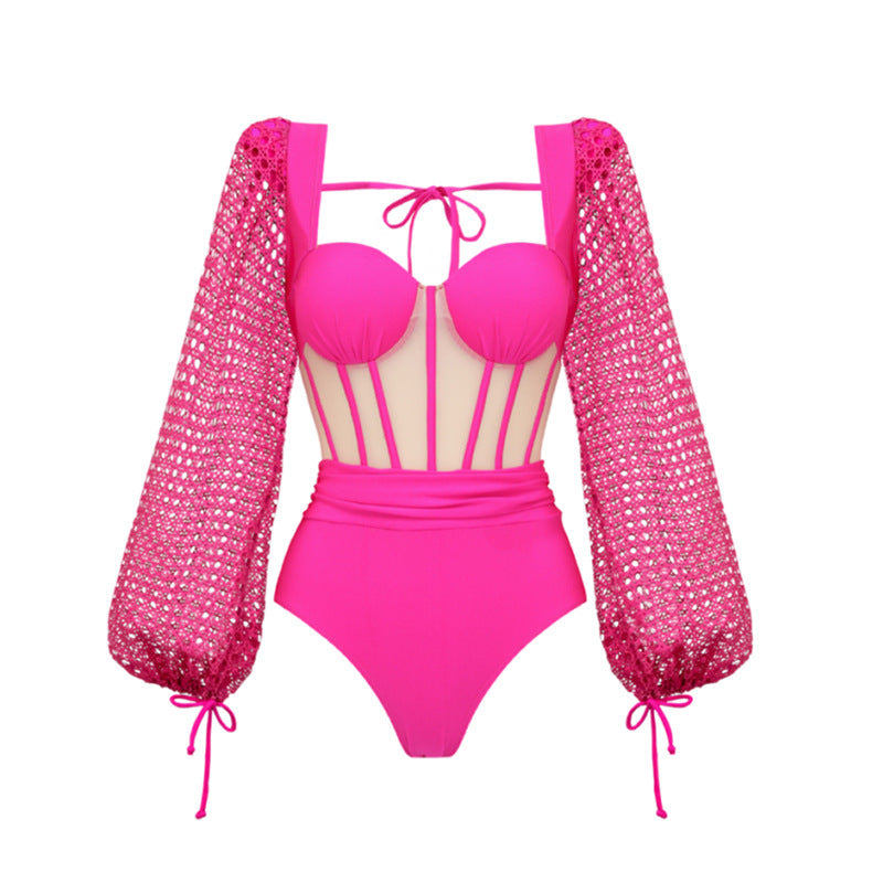Long Sleeve Bone Pattern Back Cut-Out One-Piece Swimsuit for Women - BsBuy