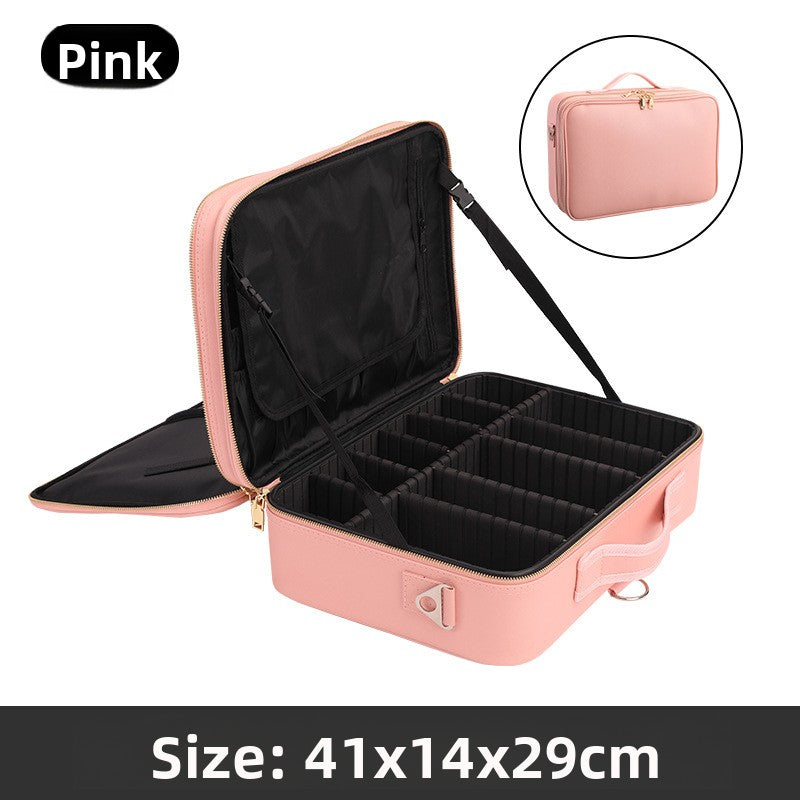 Portable Multi-Layer Cosmetic & Tool Organiser Bag – PVC Leather Travel Beauty Case | Pink & Black