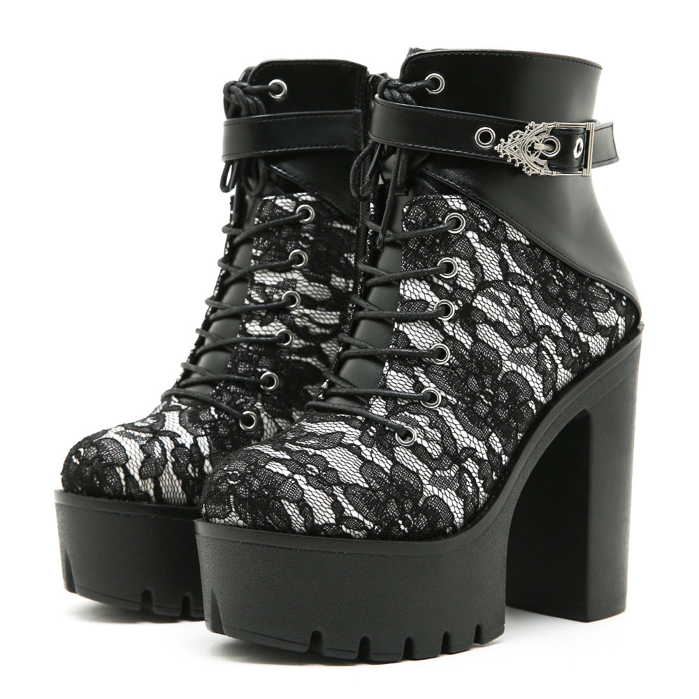 BsBuy Vintage Lace Platform Ankle Boots | Gothic Buckle | Thick High Heel | EU 35–42
