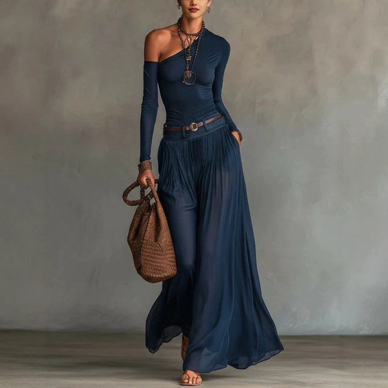One-Shoulder Long Sleeve Maxi Dress – Elegant A-Line Draped Casual Dress | Navy Blue | XS–XXL - BsBuy