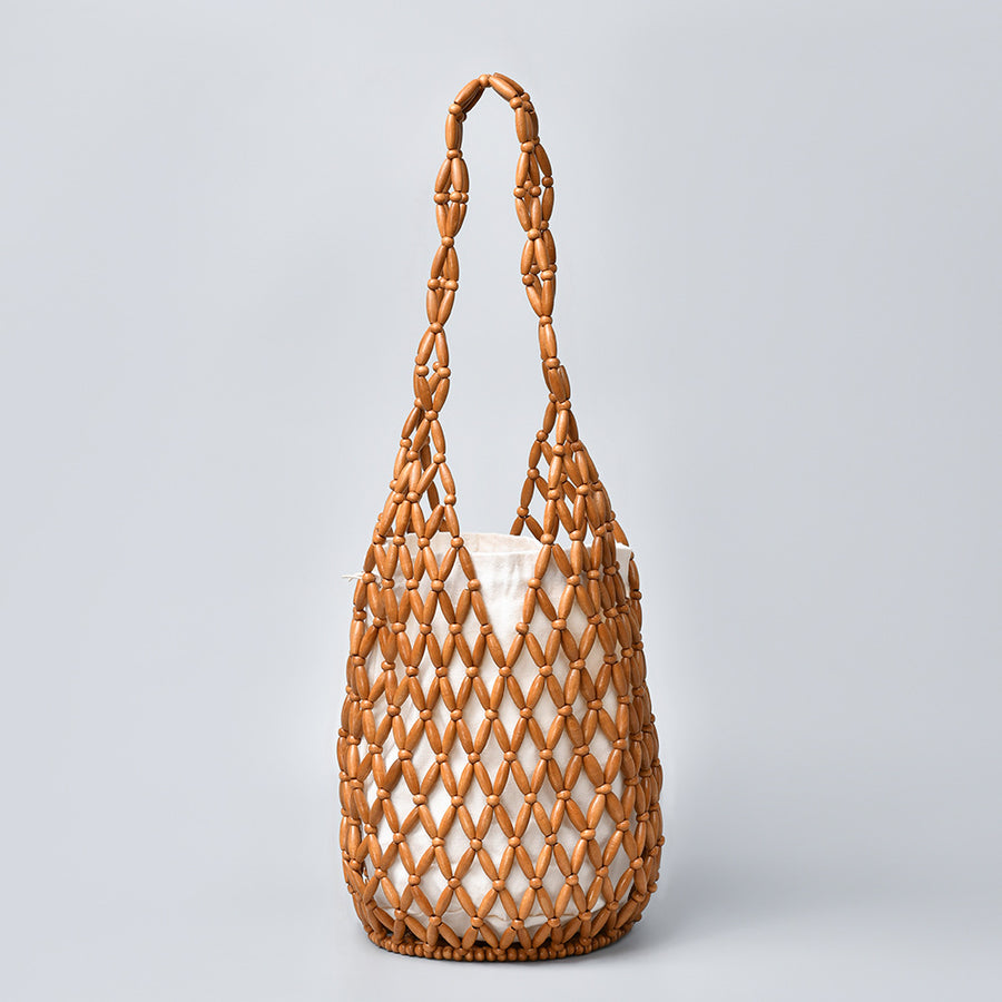 Women's Woven Bucket Bag – Hollow Wooden Bead Shoulder Bag - BsBuy