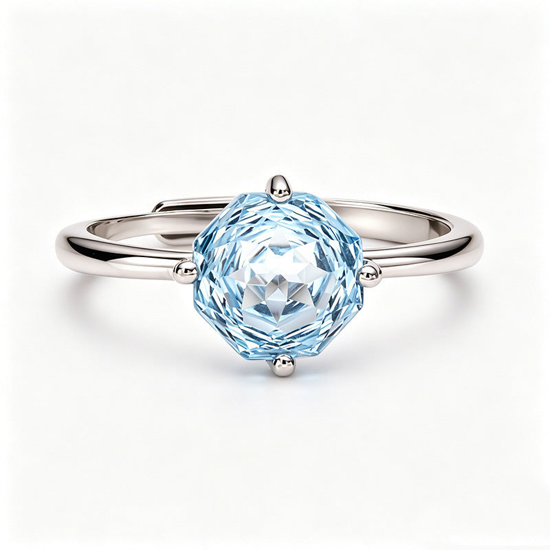 S925 Sterling Silver Octagonal Rose-Cut Gemstone Ring – Amethyst, Topaz & White Crystal | Adjustable Fit