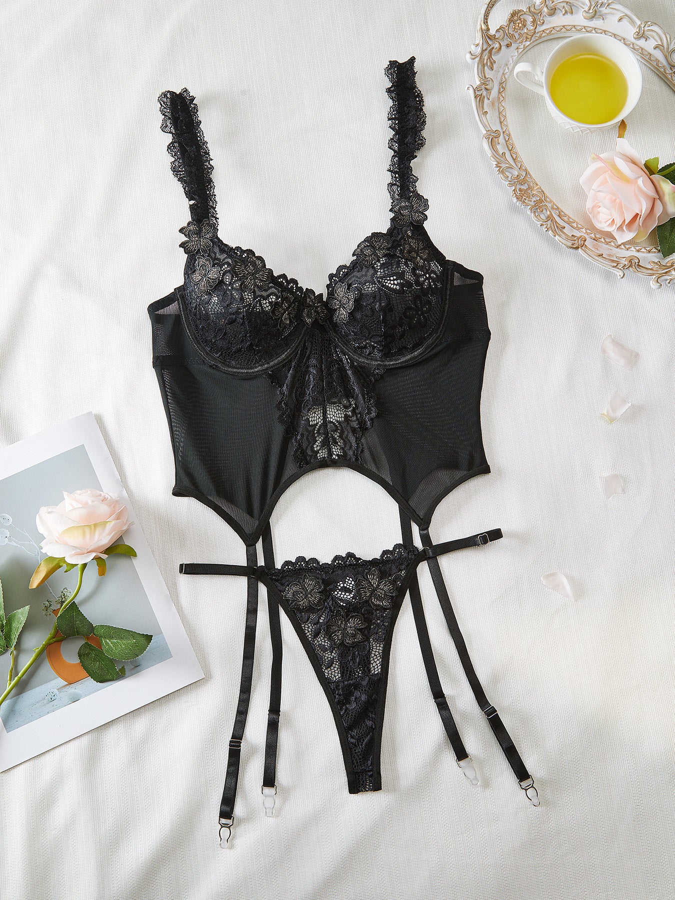 European Style Sheer Lace Lingerie Set – Elegant French-Inspired Bodysuit | Black, White & Wine Red | S–XL
