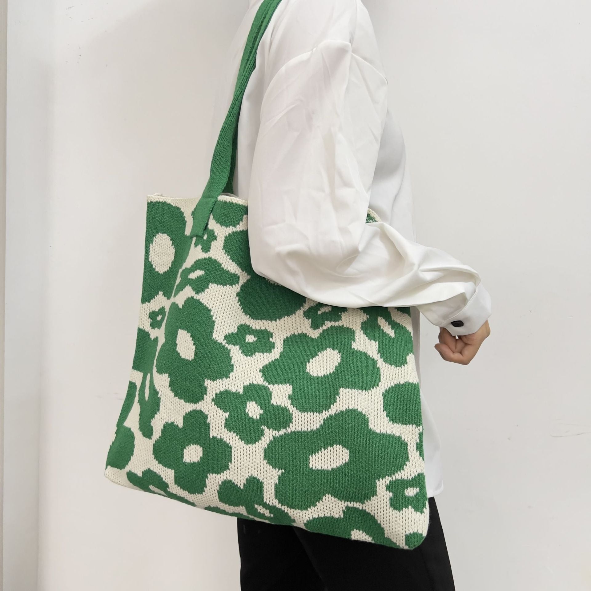 New Flower Bag Knitted Bag Large Capacity Tote Bag Student Shoulder Bag Woolen Bag Trendy Girl - BsBuy