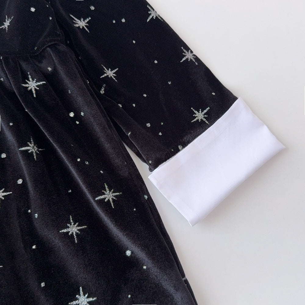 Clothing  Elegant Velvet Long Sleeve Dress with Glitter Star Print, Turn-Down Collar Princess Cut, Children's Formal Dress - BsBuy