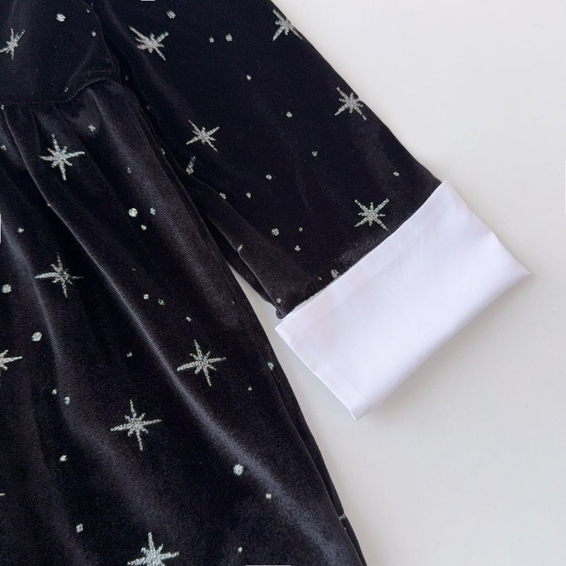 Clothing  Elegant Velvet Long Sleeve Dress with Glitter Star Print, Turn-Down Collar Princess Cut, Children's Formal Dress - BsBuy