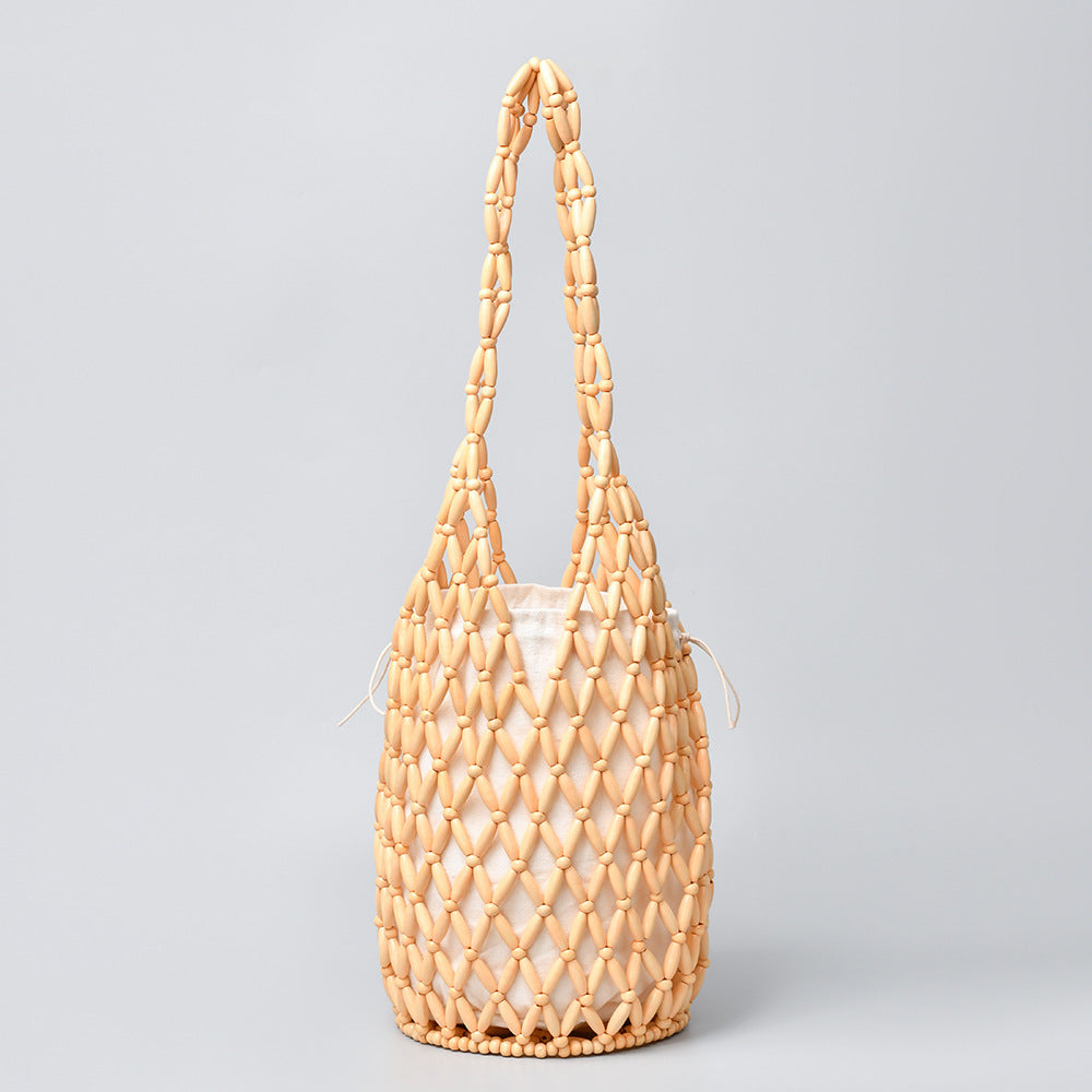 Women's Woven Bucket Bag – Hollow Wooden Bead Shoulder Bag - BsBuy