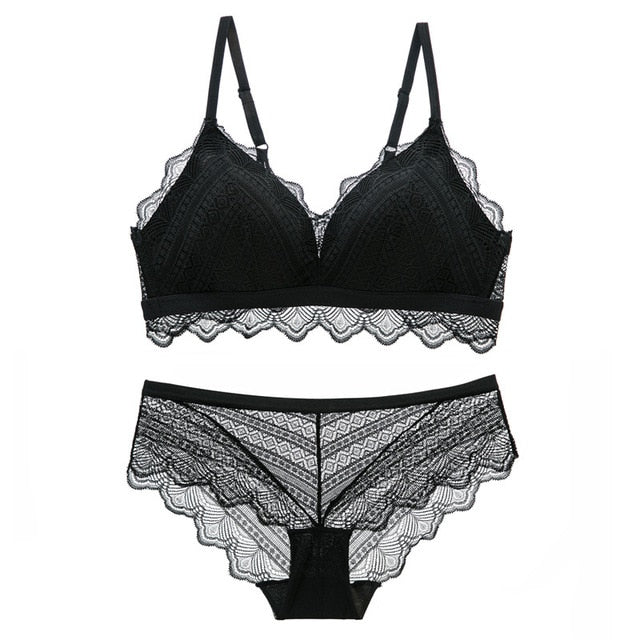 Ultra-Thin Cotton Lace Bra & Panty Set — Embroidery Lingerie | Wire-Free | Black, Blue, Brown & White - BsBuy