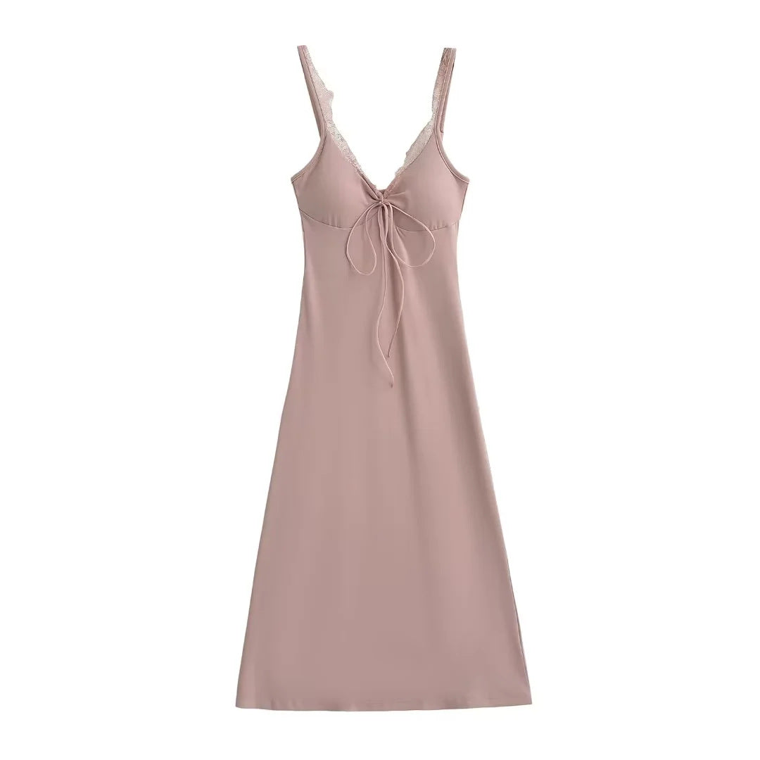 Long dress with bra pads lace trim and straps - BsBuy