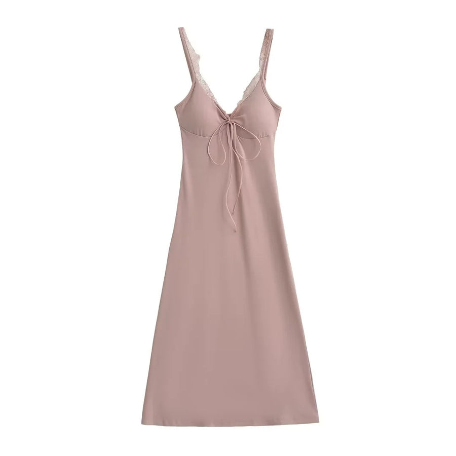 Long dress with bra pads lace trim and straps - BsBuy