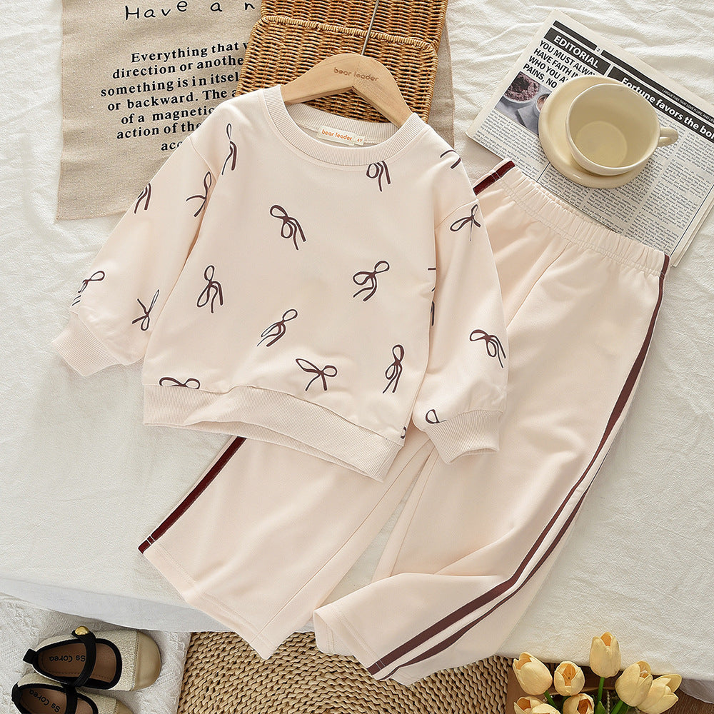 Girls' Spring and Autumn  New Two-Piece Set with Bow Print Long Sleeve Hooded Sweatshirt and Long Pants Casual Outfit - BsBuy