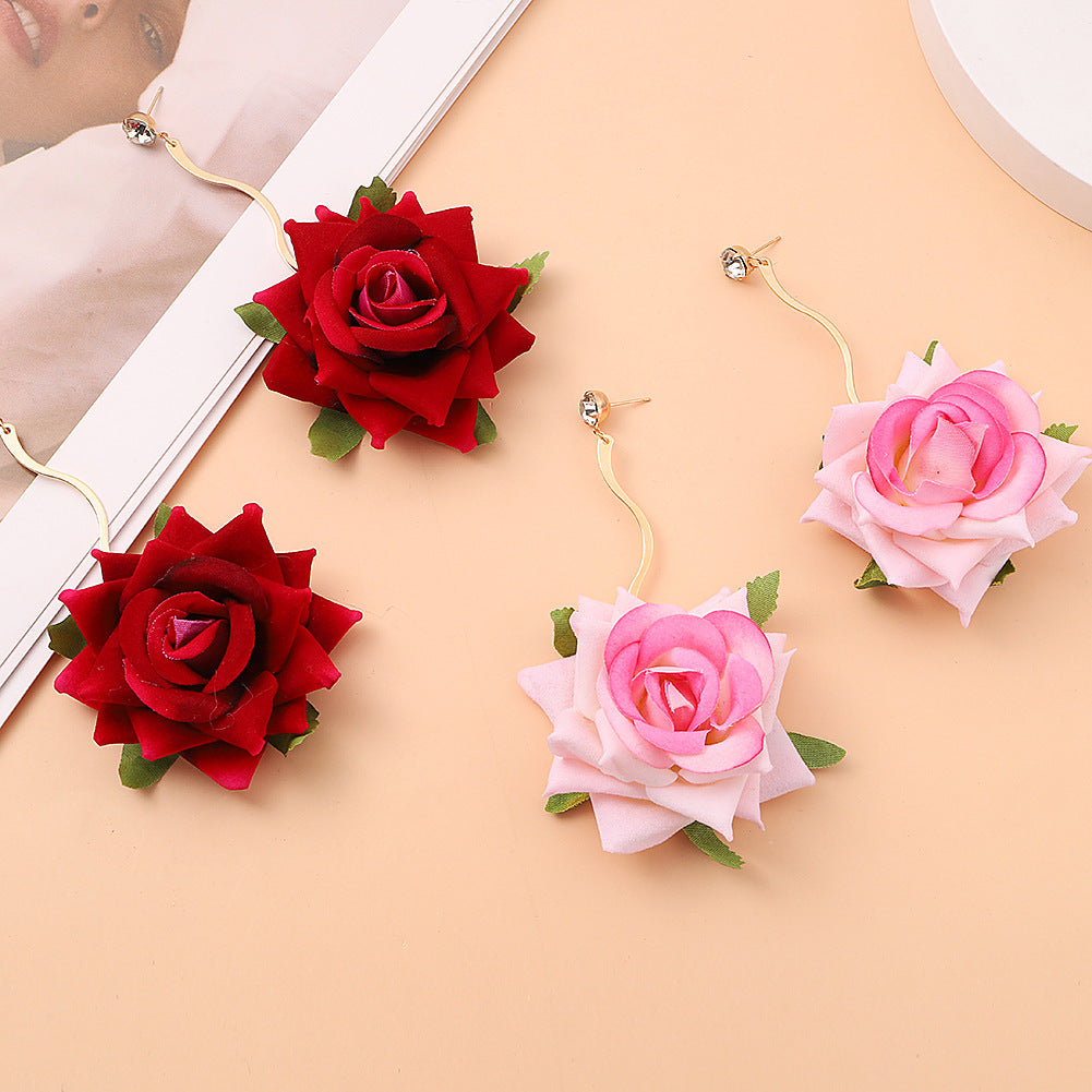 3D Rose Drop Earrings — Handmade Fabric Floral Bridal & Bohemian Ear Jewellery - BsBuy