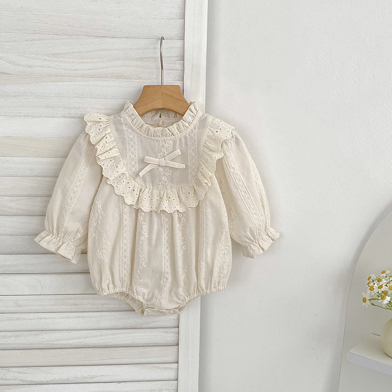 Spring and Autumn Baby Romper, Long Sleeve Embroidered Onesie with Lace Collar, Cotton Baby Outfit for Girls - BsBuy