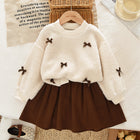 Child Girls Autumn Winter Set Dress with Bow, Beige Teddy Fleece Long Sleeve Top and Khaki Short Skirt Simple Two-Piece Set - BsBuy