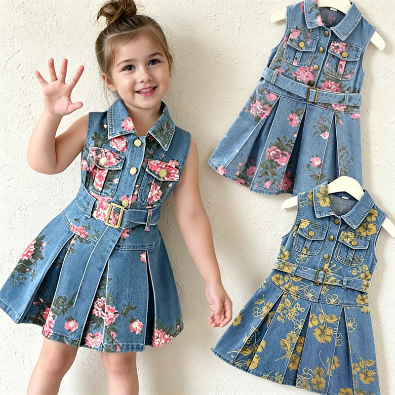 Girls' Sleeveless Denim Dress with Floral Print, High-Waisted Turn-Down Collar, Lightweight Backless Dress, Fashion Style - BsBuy