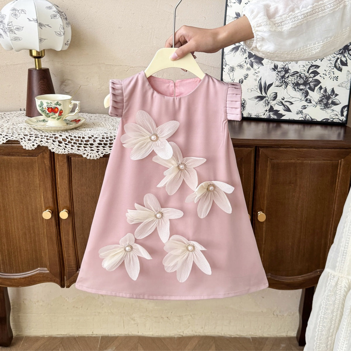 Flower Pleated Flutter Sleeve Long Dress for GirlsElegant and Beautiful, Summer Dress - BsBuy