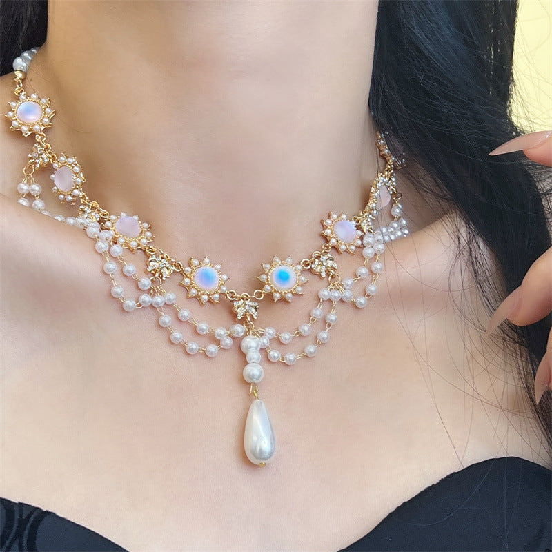 Palace Style Pearl Tassel Necklace Cat Eye Pearl Diamond Clavicle Chain Lolita Jewelry