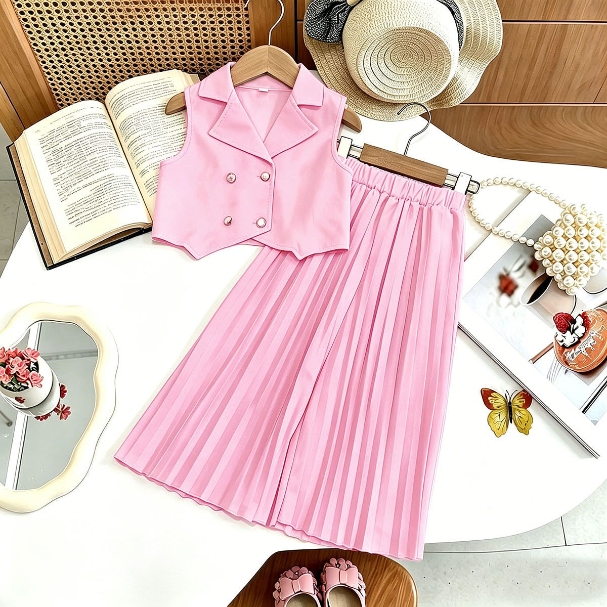 New Arrival Girls' Suit Set - Sleeveless Blouse + Wide Leg Pleated Pants Children's Outfit - BsBuy