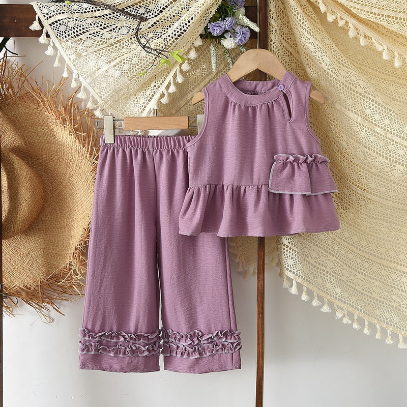 Girls' Outfit Summer Sleeveless Buttoned Vest with Ruffle Top and Wide-Leg Pants Two-Piece Set Fashion - BsBuy