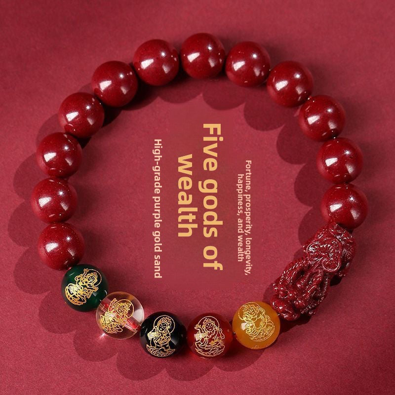 Five-Way Fortune God Cinnabar Bracelet with Beads - BsBuy
