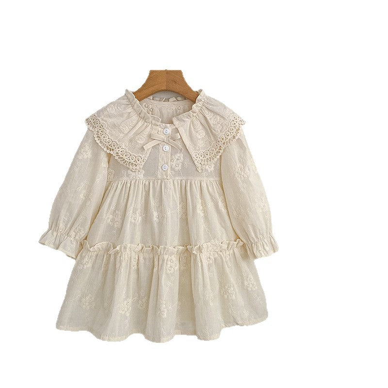 Girls' Dress Spring Autumn New French Lace Trim Large Turn-Down Collar Long Sleeve Princess Dress Children's Clothing - BsBuy
