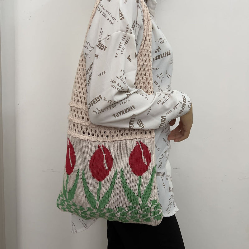 New Flower Bag Tulip Bag Retro Knitted Bag Handbag Shoulder Bag Woolen Bag for Women - BsBuy