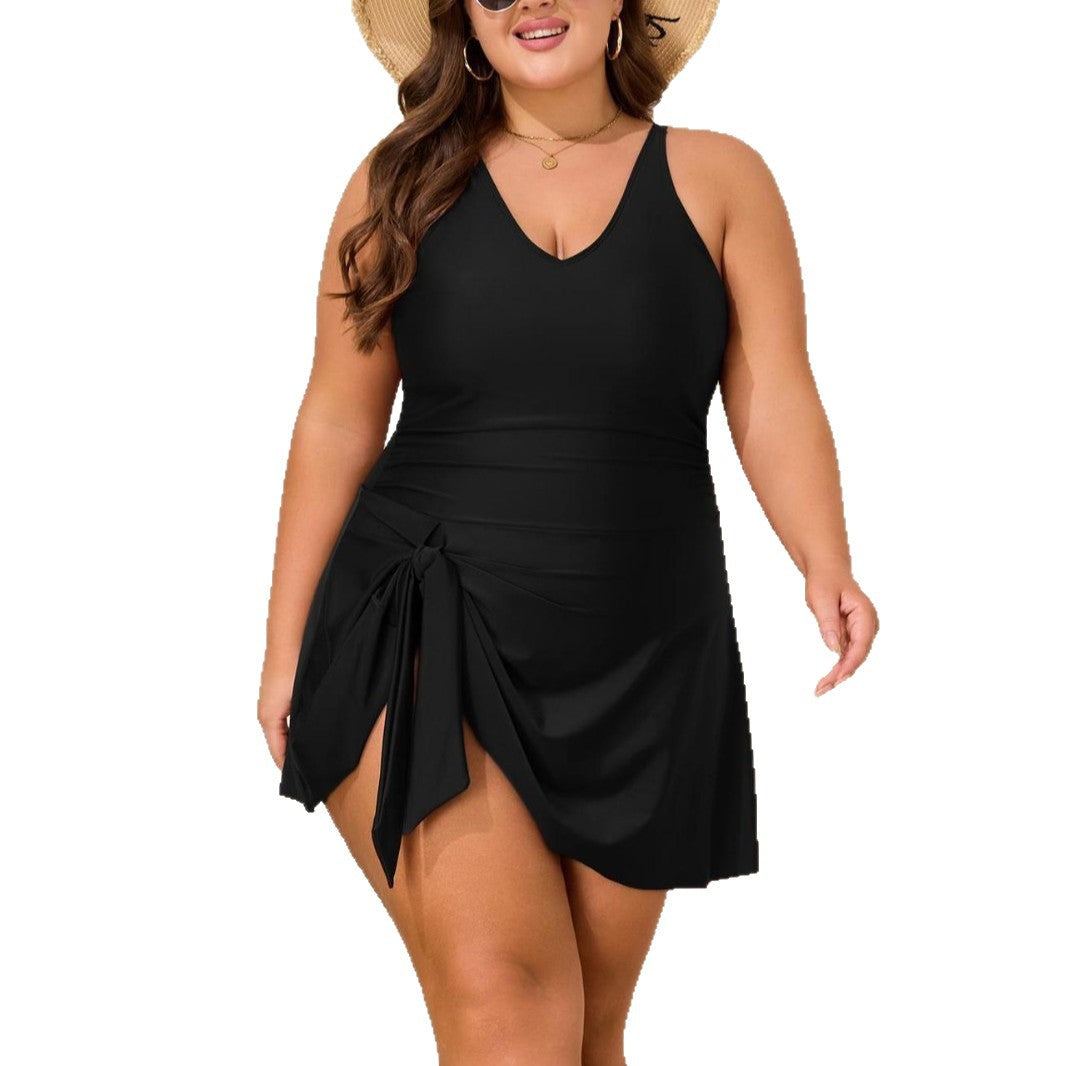 Solid color one-piece dress swimsuit - BsBuy