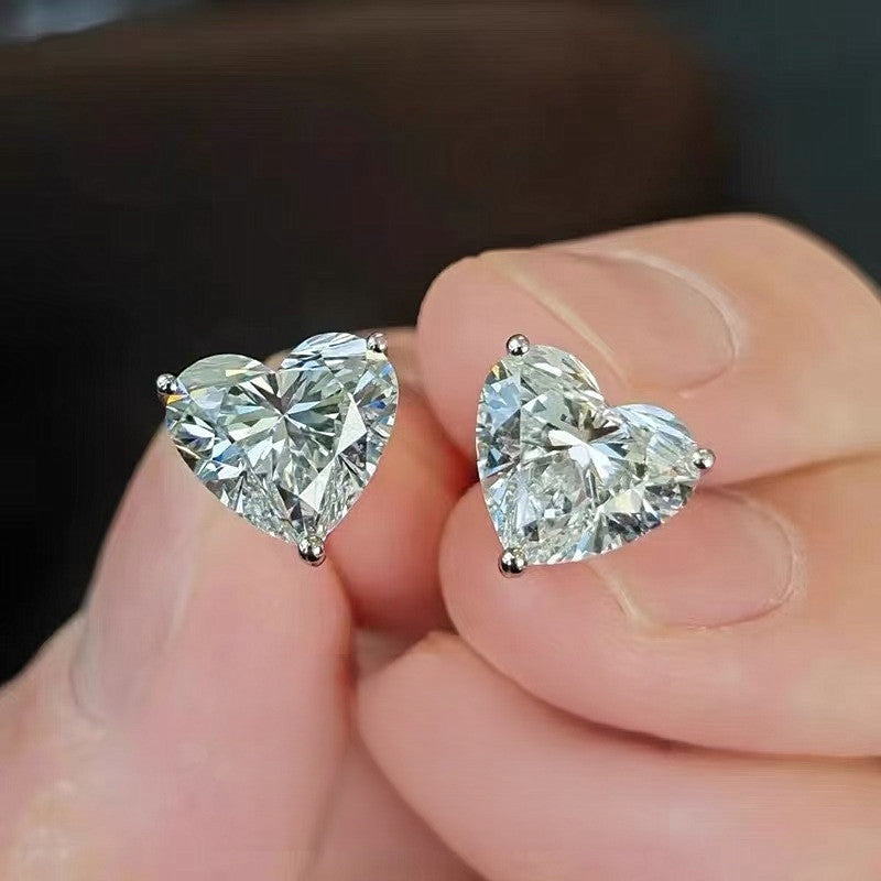 BsBuy S925 Sterling Silver Heart Earrings | High-Carbon Stone or Moissanite | 0.5ct & 1ct