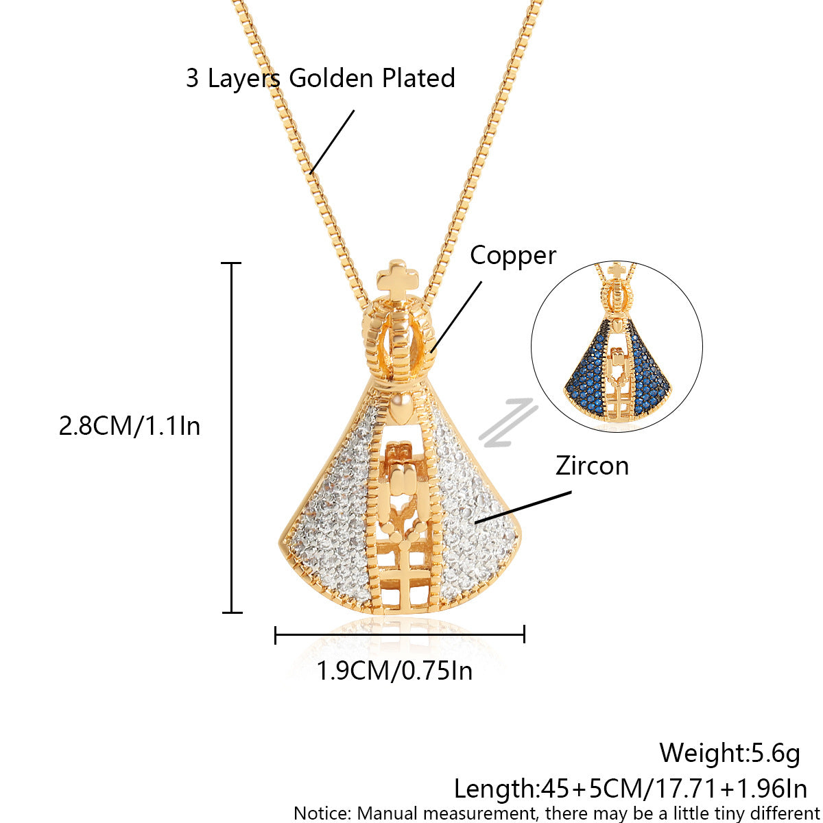 Double-Sided Madonna & Cross Necklace – Colourful Zircon Pendant on Adjustable Box Chain - BsBuy
