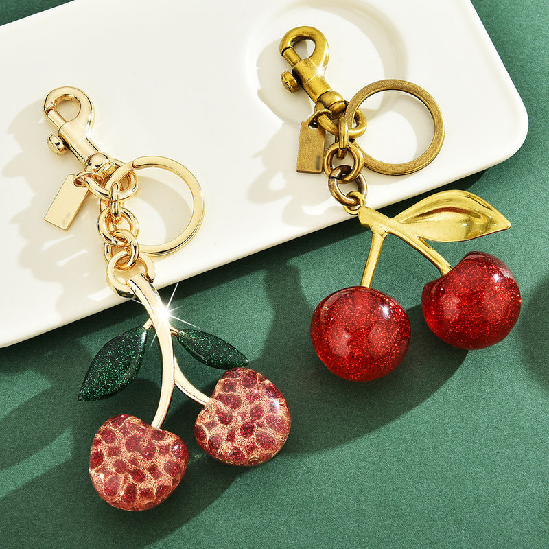 Crystal Cherry Keychain Bag Charm — Gold-Plated Alloy Luggage Pendant | Red & Pink - BsBuy